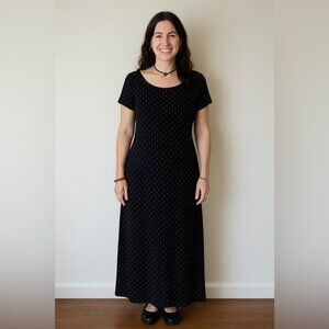 Vintage April Cornell Y2K 90s 2000s Babydoll Polka Dots Black Maxi Dress Size M